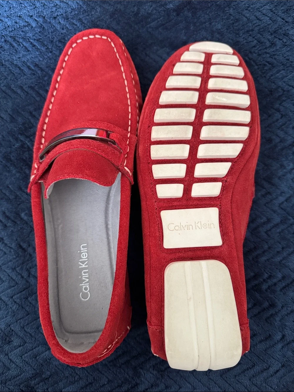 NWT, Calvin Klein Men’s Red Suede Slip-On Loafers with Metal Bit!